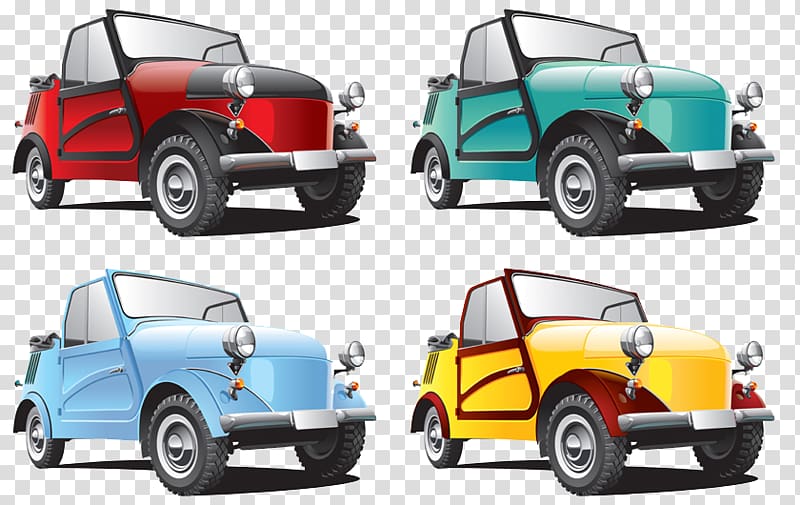 , Four kinds of hand-painted cartoon classic car transparent background PNG clipart