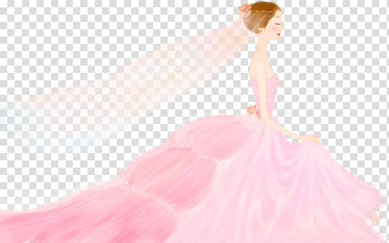 woman wearing pink tube-top wedding dress with veil illustration, Bride Wedding invitation Marriage, Cartoon painted beautiful bride transparent background PNG clipart