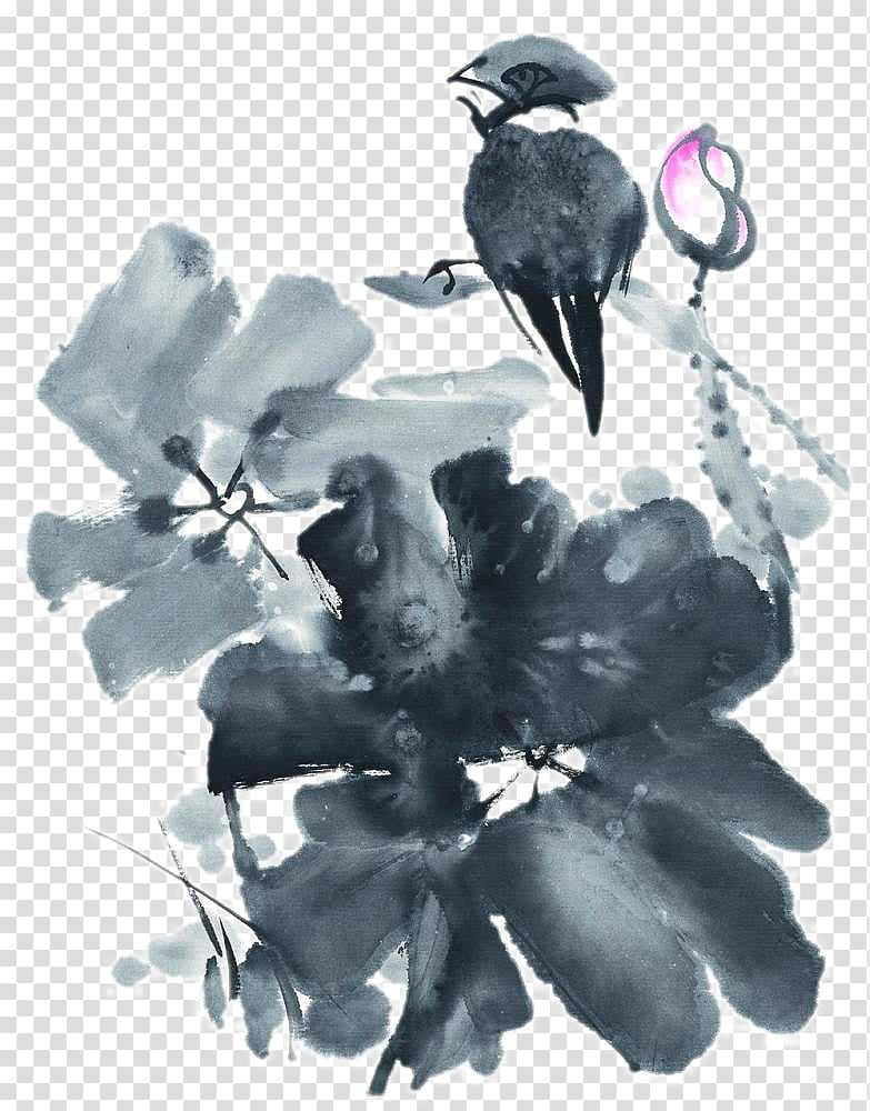 Ink wash painting Chinese painting, Ink lotus bird transparent background PNG clipart