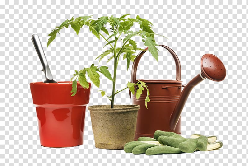 brown watering can, Gardening tools and small potted plants transparent background PNG clipart