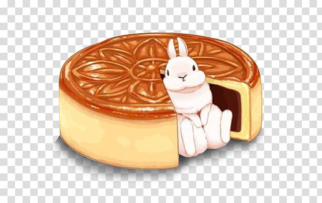 rabbit sitting on missing slice of cake illustration, Mooncake Bakery Chinese cuisine Mid-Autumn Festival Drawing, Moon cake with rabbit transparent background PNG clipart