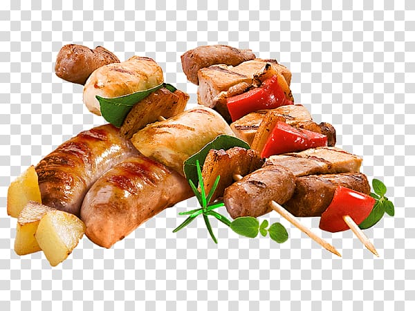 sliced sausages and meats on stick, Sausage Barbecue Kebab Grilling, Grilled Food transparent background PNG clipart
