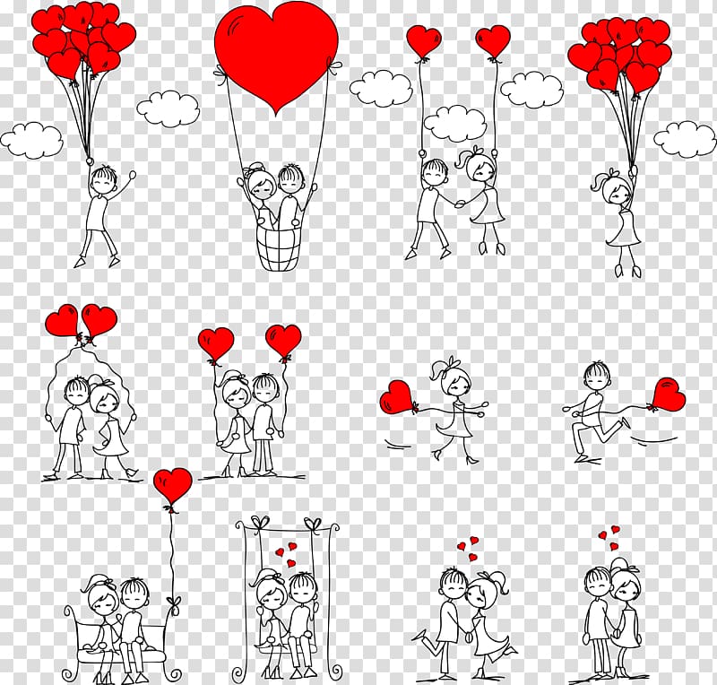 couple with heart balloons art, Drawing Love Romance, hand drawn love transparent background PNG clipart