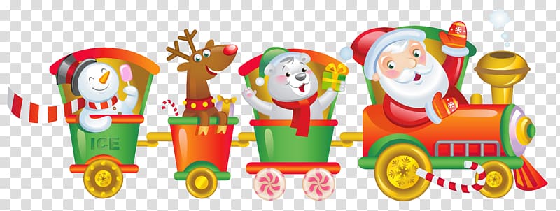 Santa Claus, bear, reindeer and snowman riding train illustration, Train Santa Claus Rail transport Christmas, Christmas Santa Train transparent background PNG clipart