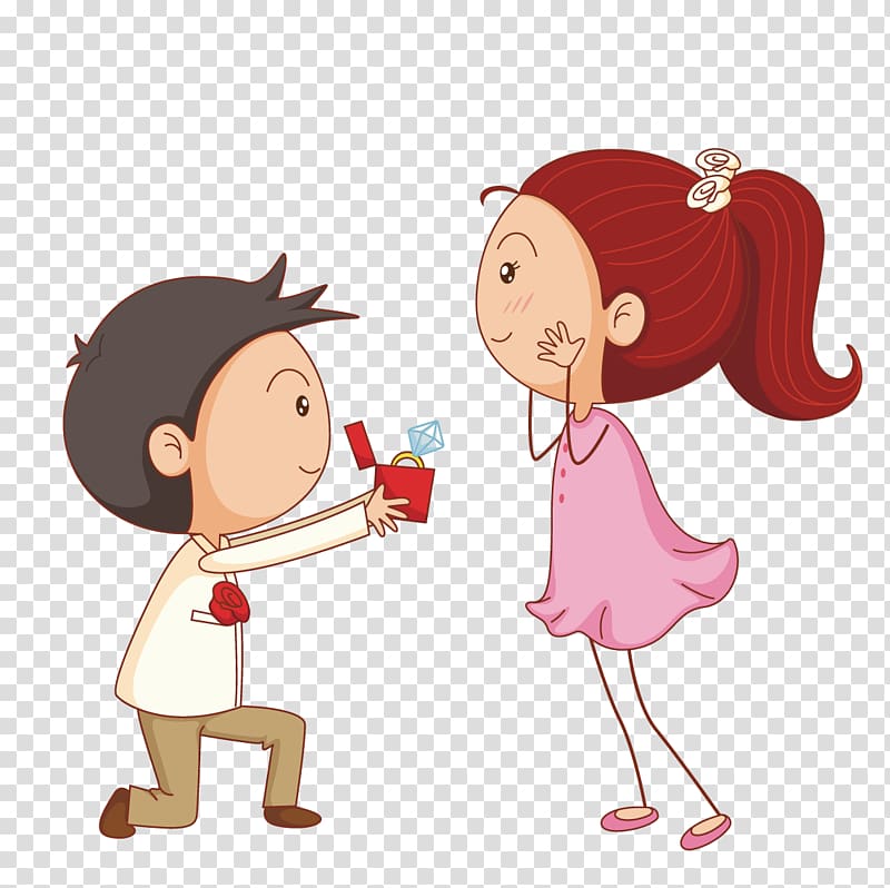 man kneeling while proposing in front of woman illustration, Marriage proposal Cartoon Illustration, Take diamond ring marry man transparent background PNG clipart