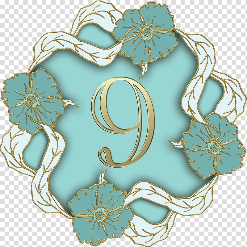 teal and white floral 9-printed decor , Flower Theme Number 9 transparent background PNG clipart