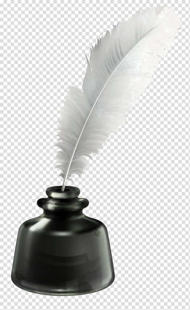 Inkwell Quill , Quill and Ink Pot , white feather pen on black ink bottle transparent background PNG clipart