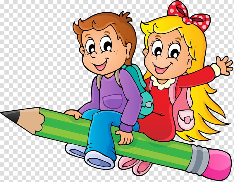 boy and girl riding pencil illustration, Pencil Drawing, school kids transparent background PNG clipart