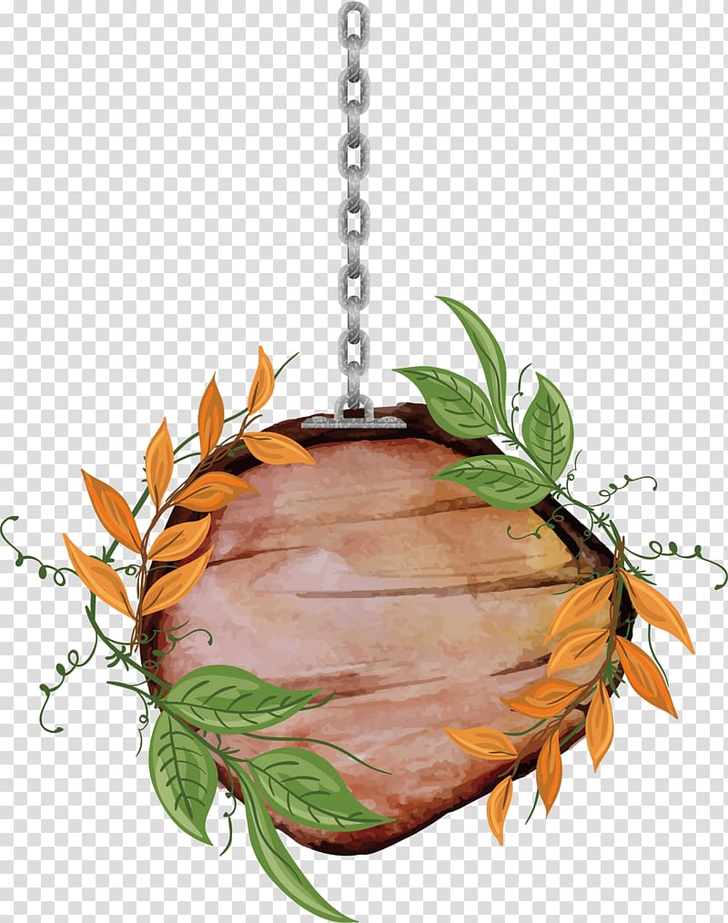 round brown pendant with chain illustration, Leaf , Leaves decorated with round planks transparent background PNG clipart