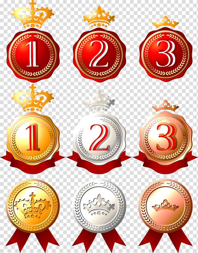 nine gold-colored and red medals, Silver medal Gold medal Illustration, Medals transparent background PNG clipart