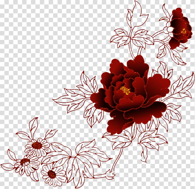 chinese red flowers line drawing material transparent background PNG clipart