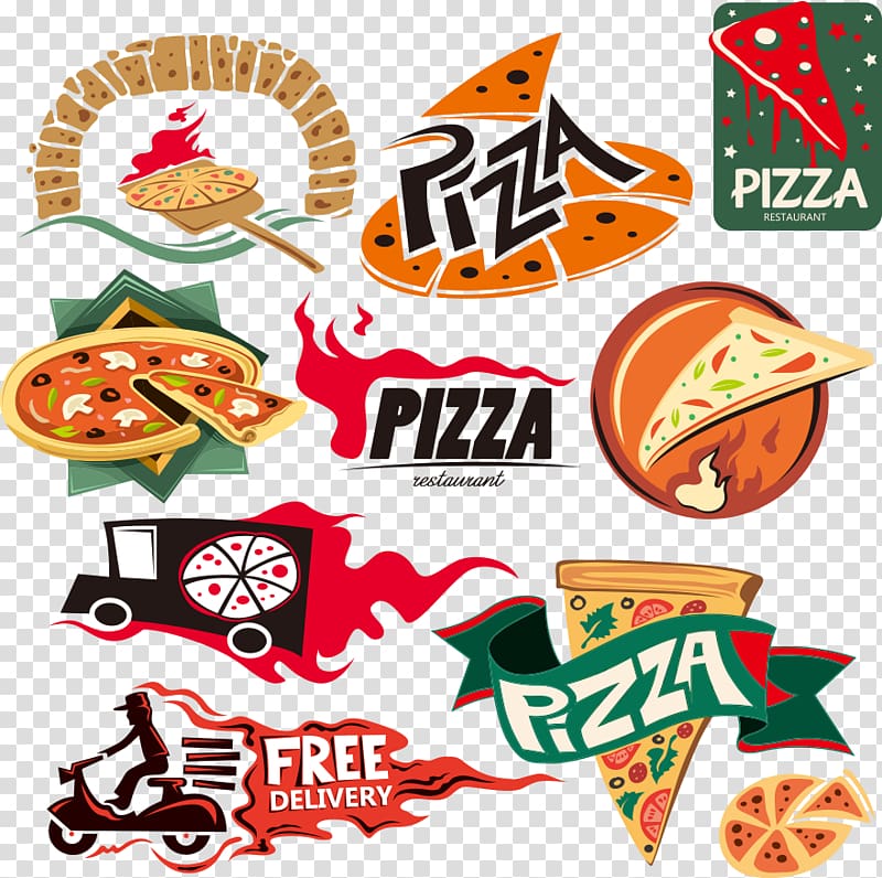 assorted pizza logos collage, Pizza Fast food Take-out , pizza theme transparent background PNG clipart