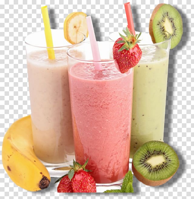 three glasses of fruit shakes, Smoothie Milkshake Fizzy Drinks Juice Tea, smoothies transparent background PNG clipart
