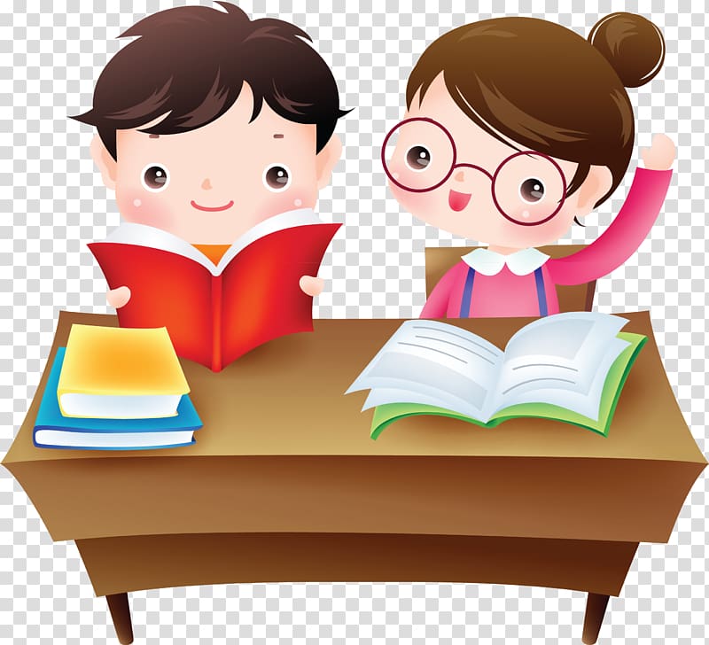 boy reading book beside girl raising her hands art, Child , class room transparent background PNG clipart