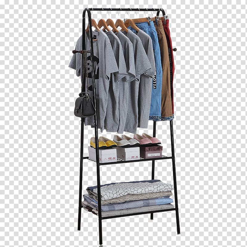 black steel clothes rack, Clothes hanger Cloakroom Wardrobe Bedroom Clothing, Indoor floor balcony hanger rods transparent background PNG clipart