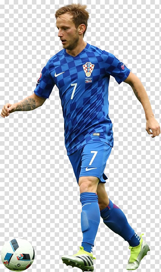 men's blue Nike V-neck jersey shirt and shorts in front of white soccer ball, Ivan Rakitić Croatia national football team Rendering, ivan rakitic transparent background PNG clipart