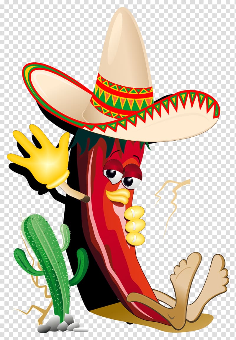 red chili wearing hat illustration, Mexican cuisine Chili pepper Capsicum annuum Black pepper, Pepper anthropomorphic transparent background PNG clipart