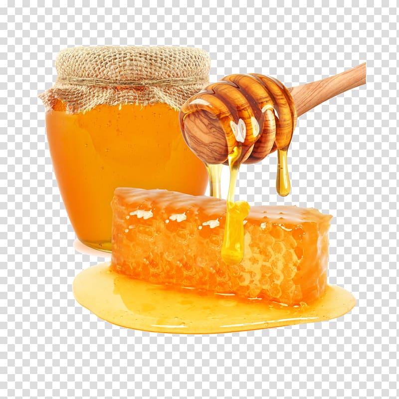 honey dripping from wooden honey comb near clear glass jar filled with honey, Honey bee Honeycomb Mu0101nuka honey, honey transparent background PNG clipart
