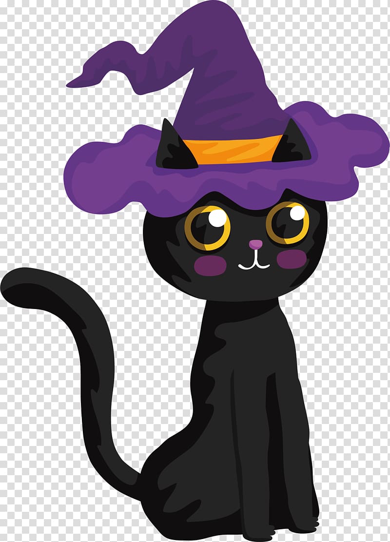 black cat with purple witch hat , Black cat Halloween Witch, Lovely Halloween Black Cat transparent background PNG clipart