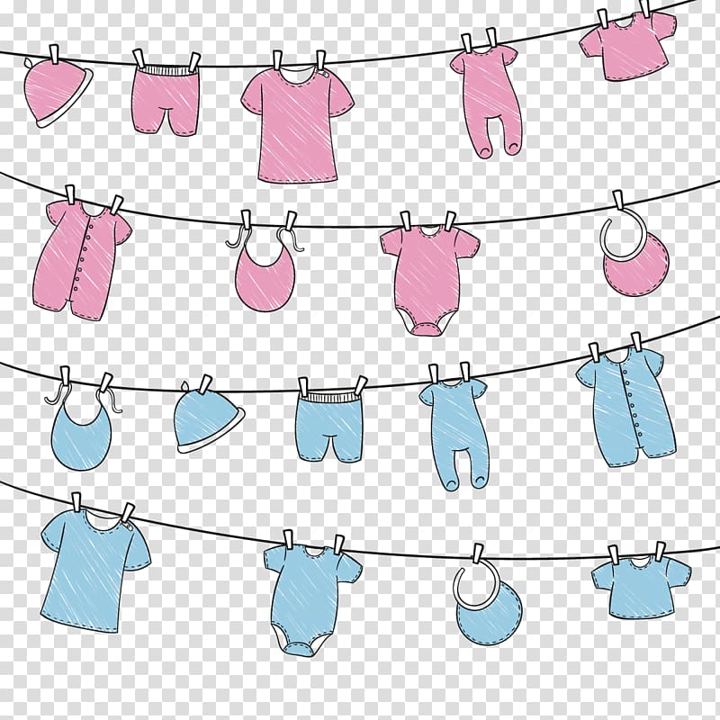 Infant clothing, hanging baby clothes, pink and blue clothes hanged on rope illustration transparent background PNG clipart