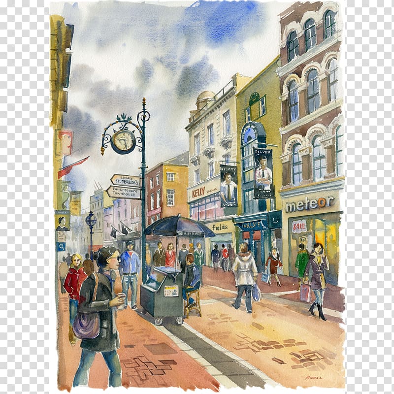 Watercolor painting Grafton Street Art, green landscape transparent background PNG clipart