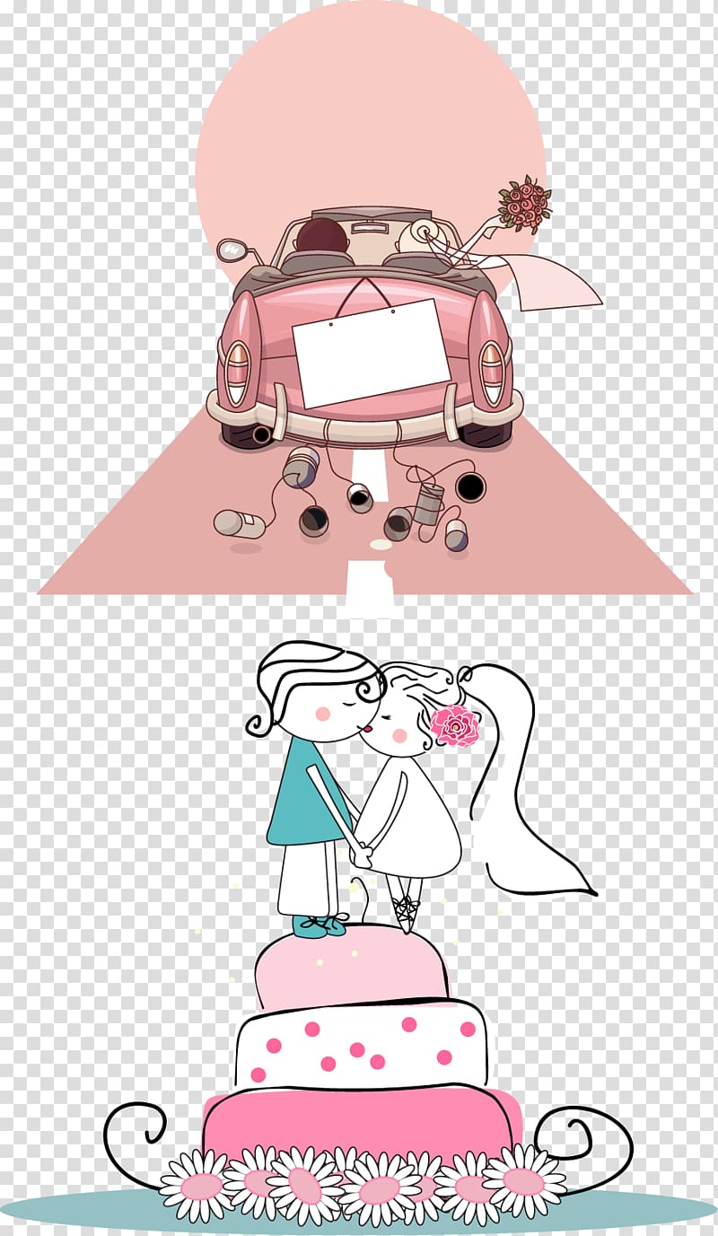 bride and groom kisses on cake illustration, Wedding cake Wedding invitation Car, Married wedding car transparent background PNG clipart