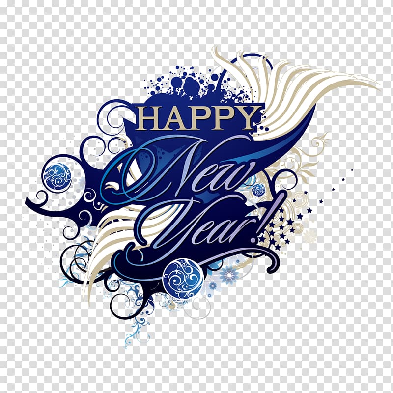 blue, white, and yellow happy new year artwork, New Years Day New Years Eve , Happy New Year WordArt transparent background PNG clipart