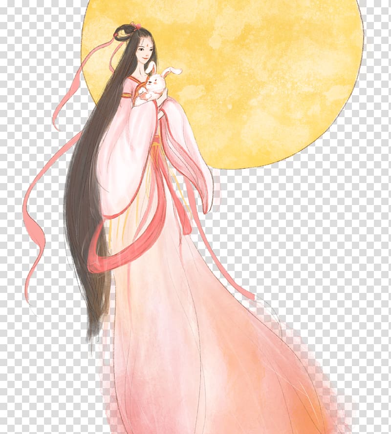 black-haired girl illustration, Mooncake Change Mid-Autumn Festival Drawing Illustration, Cartoon hand-painted moon goddess Fairy transparent background PNG clipart