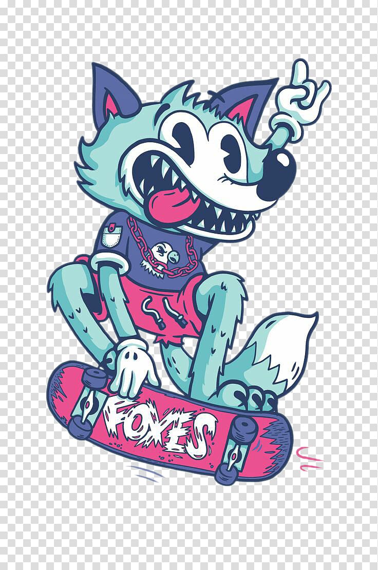 fox holding skateboard illustration, Cartoon Drawing Character Illustration, Skateboarding cartoon wolf transparent background PNG clipart