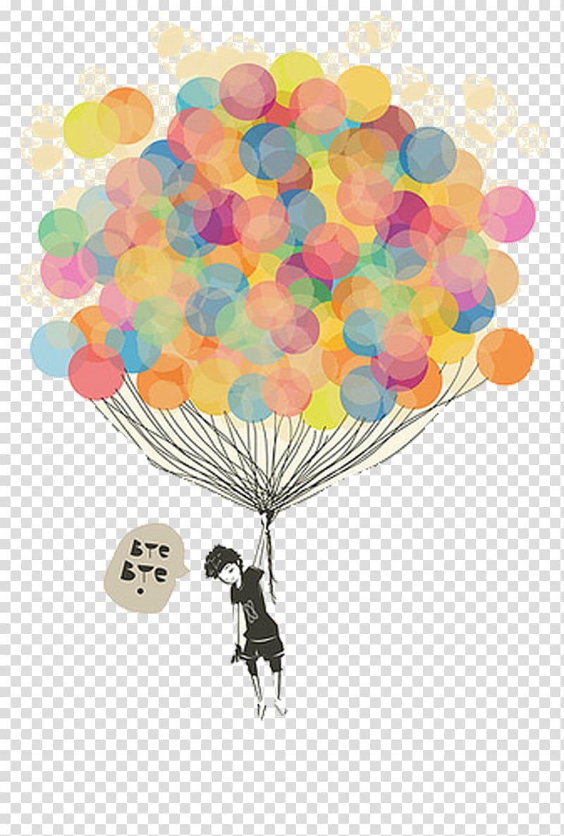 Balloon Drawing Illustration, The cartoon takes the balloon to fly the boy transparent background PNG clipart