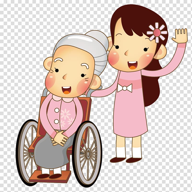 Cartoon Illustration, Care of her grandmother in a wheelchair transparent background PNG clipart