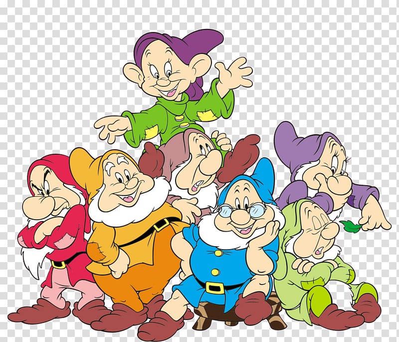 Disney Snow White Seven Dwarfs illustration, Snow White Evil Queen Seven Dwarfs Dopey Grumpy, seven dwarfs transparent background PNG clipart