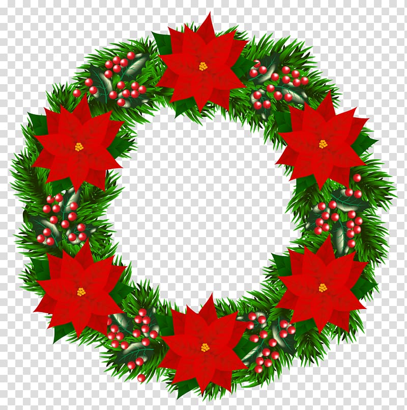 red and green holly plant wreath illustration, Christmas tree Santa Claus Wreath Poinsettia, Christmas Wreath with Poinsettia transparent background PNG clipart