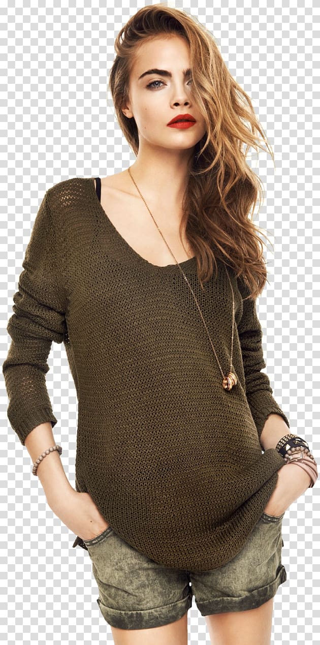 woman wearing brown sweater and black short shorts, Cara Delevingne New York Fashion Week Model , Beautiful models in Europe and America transparent background PNG clipart