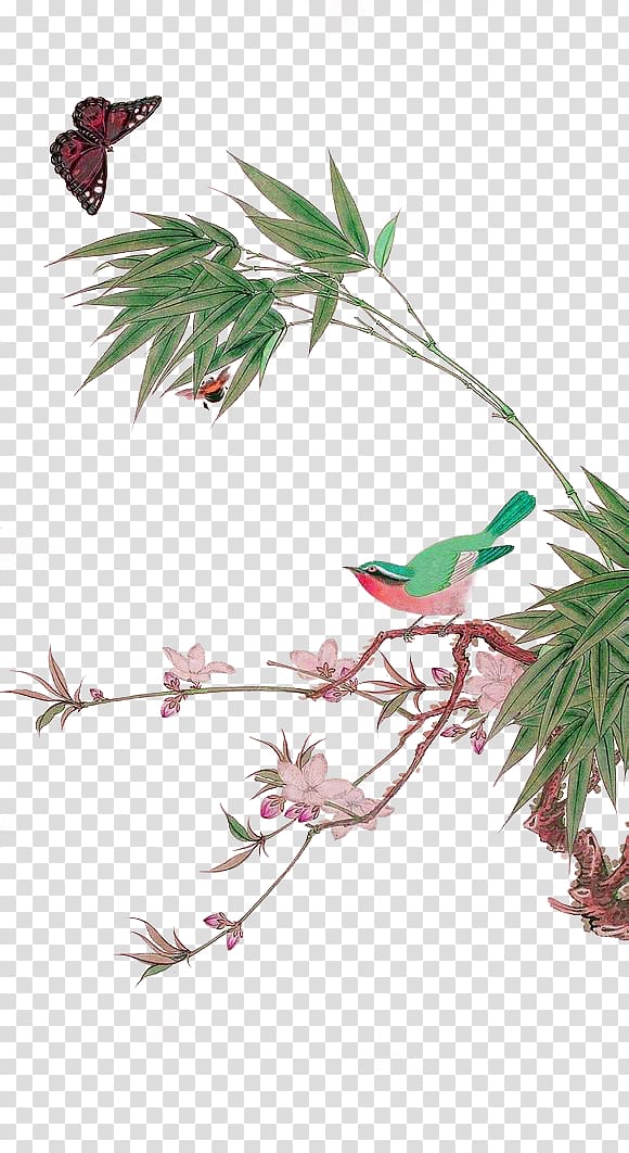 Ink wash painting Gongbi Chinese painting, Green and fresh bamboo bird decoration pattern transparent background PNG clipart