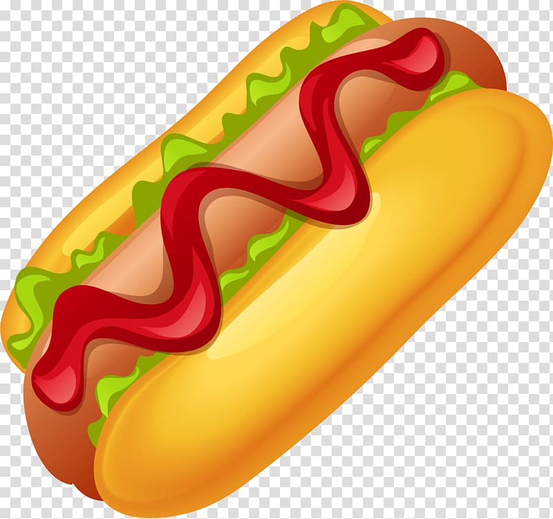 Hot dog Sausage Knackwurst Bockwurst Lettuce, Hand-painted yellow hot dog transparent background PNG clipart