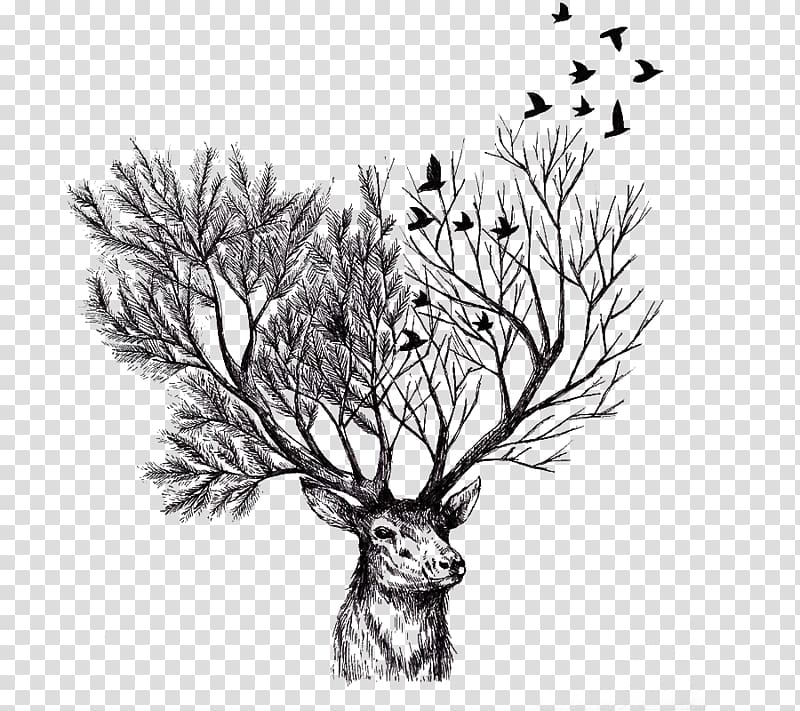 optical illusion painting of buck and trees , Deer Paper Tree Drawing Illustration, Deer transparent background PNG clipart