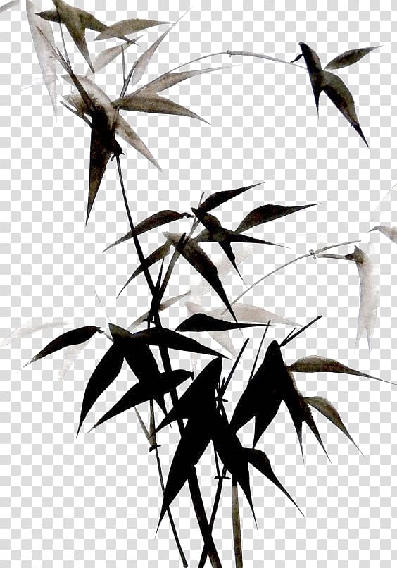 black and gray leaves illustration, Ink wash painting Chinese painting Bamboe, Black bamboo ink painting transparent background PNG clipart