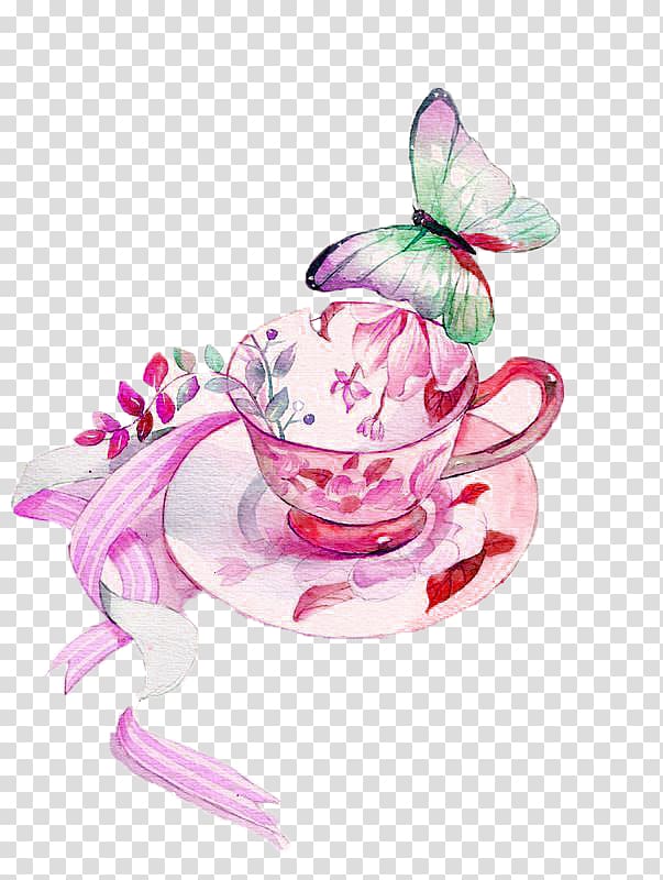 pink floral teacup illustration, Coffee cup Tea Espresso Cafe, Mug transparent background PNG clipart