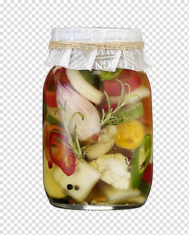 clear glass jar with vegetables, Pickling Giardiniera Vegetable Chinese pickles, A jar of pickles transparent background PNG clipart