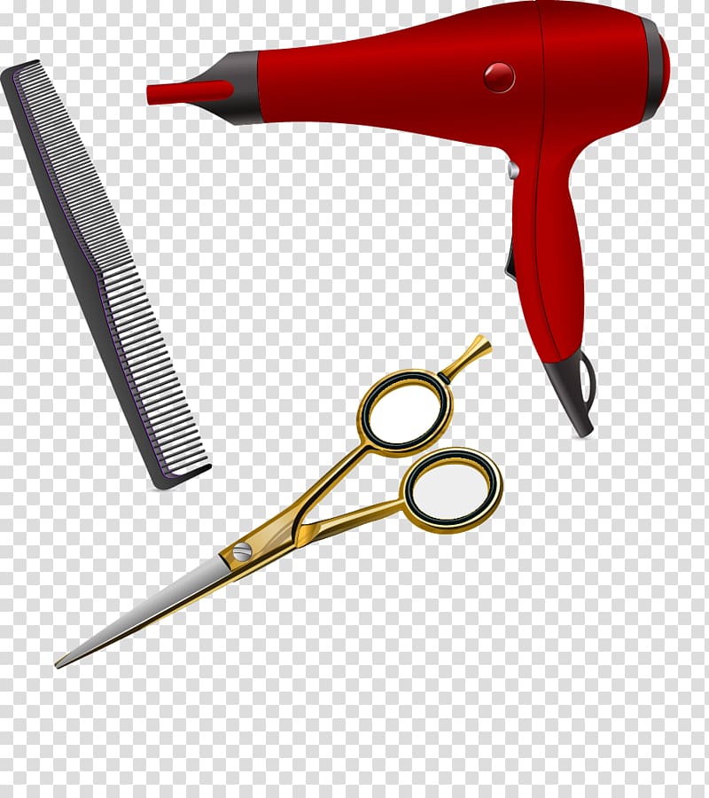 red hair dryer, scissors, and hair comb illustration, Comb Hair dryer Barber, hairdryer transparent background PNG clipart