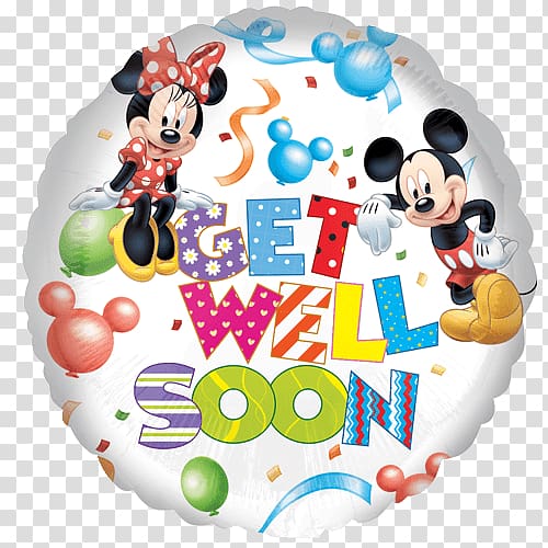 Mickey and Minnie Mouse graphic with get well soon text, Get Well Soon Disney Balloon transparent background PNG clipart