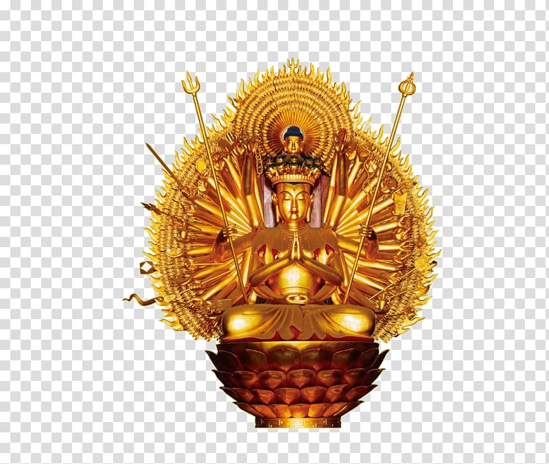 Senshu Kannon Bosatsu Guanyin Bodhisattva Buddhism Cundi, Gold Buddha statue transparent background PNG clipart