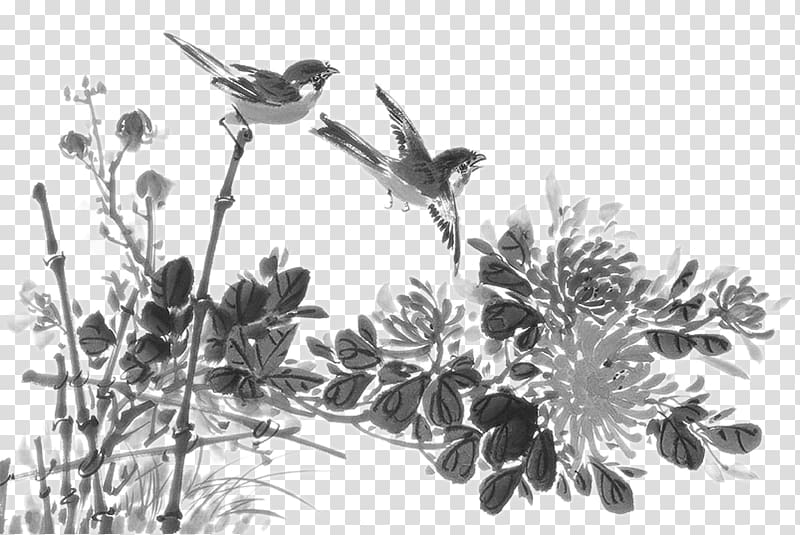 China Chinoiserie Ink wash painting Poster, Sparrow chrysanthemum and fence transparent background PNG clipart