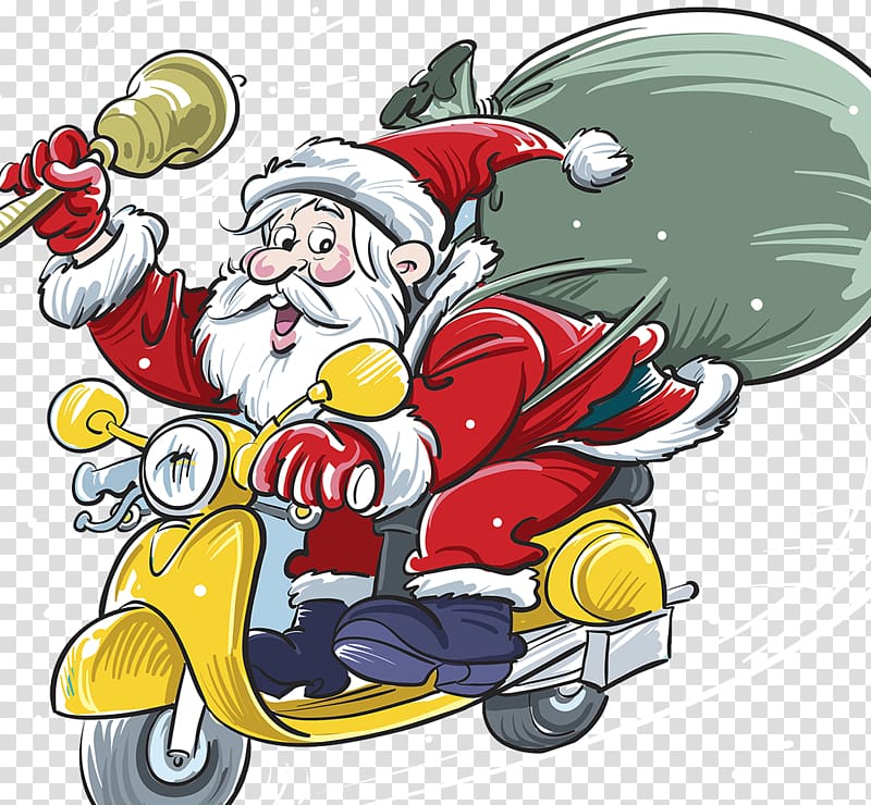 Santa Claus Scooter Christmas Gift Illustration, Santa Claus presents transparent background PNG clipart