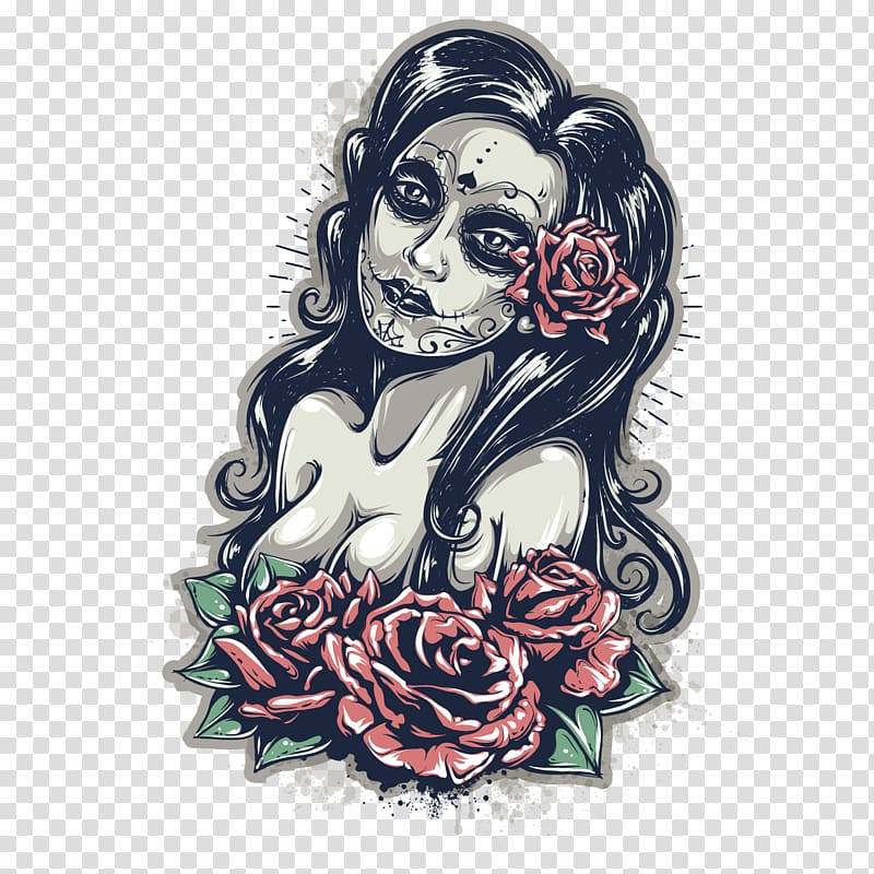 woman and red roses illustration, Calavera Mexican cuisine Day of the Dead Illustration, Gothic style transparent background PNG clipart