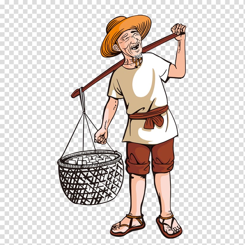 Farmer Cartoon Illustration, The old man with bamboo baskets transparent background PNG clipart