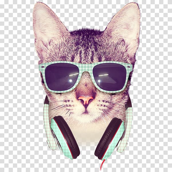 brown tabby cat with sunglasses and headphone illustration, Cat T-shirt Kitten Design by Humans, Cool cats transparent background PNG clipart