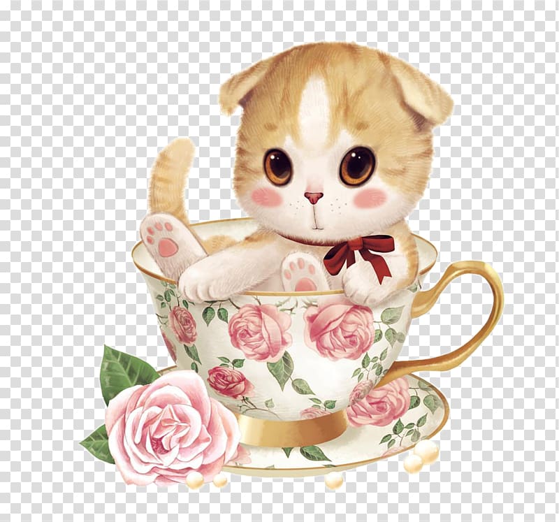 kitten in cup illustration, Cat Kitten Painting Teacup, Cartoon cat inside the cup transparent background PNG clipart