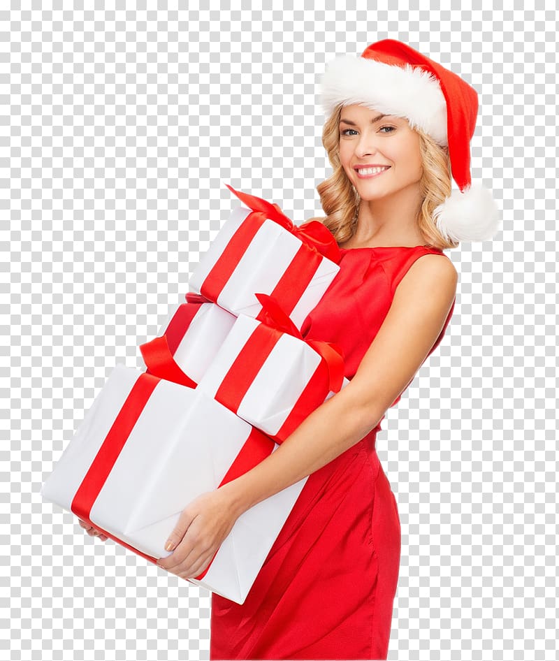 Santa Claus Gift Christmas Woman with a Hat, woman transparent background PNG clipart